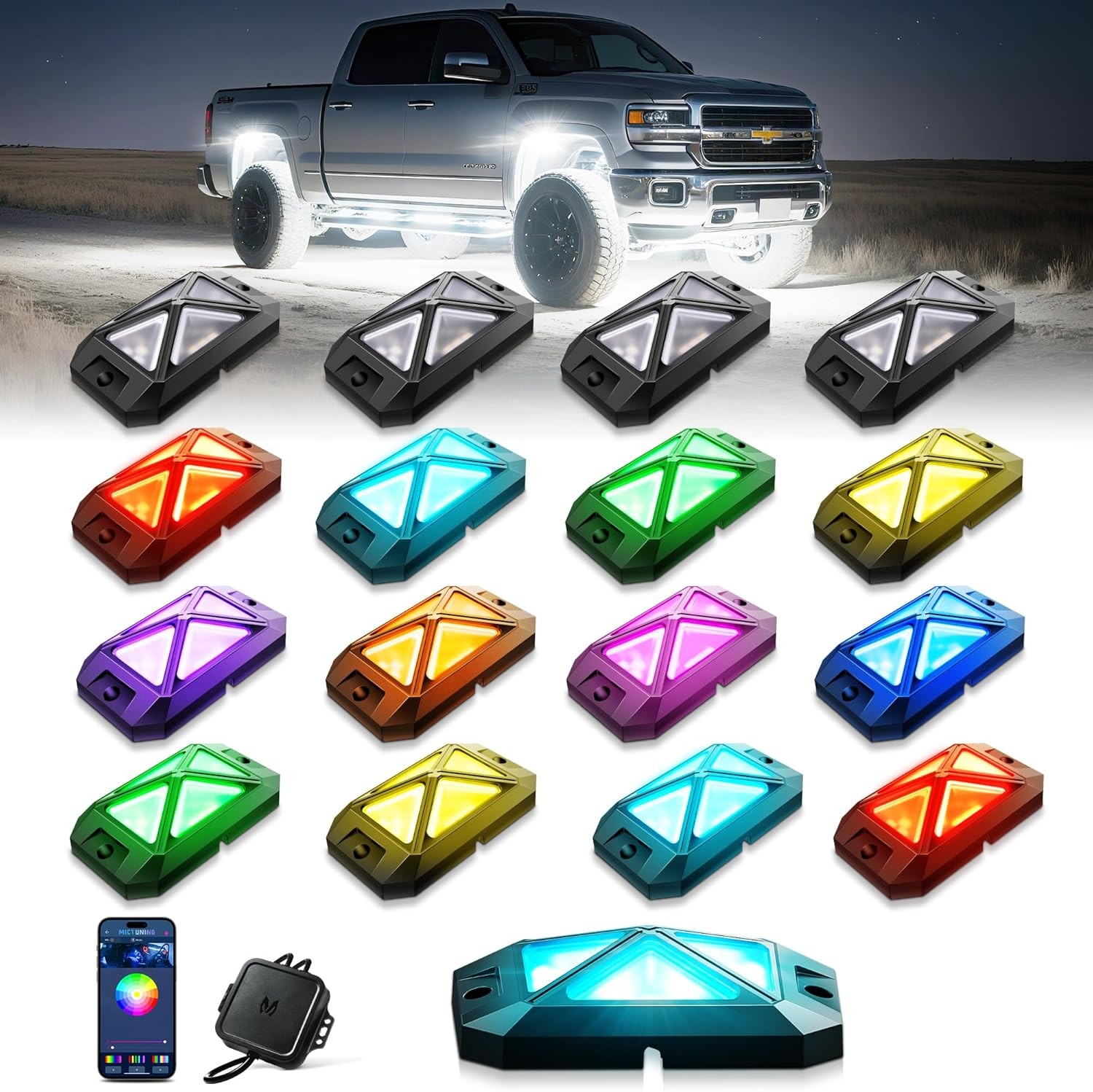 Mictuning C4 16Pcs RGBW LED Rock Light – Full-Angle Ultra-Bright Lamp Waterproof