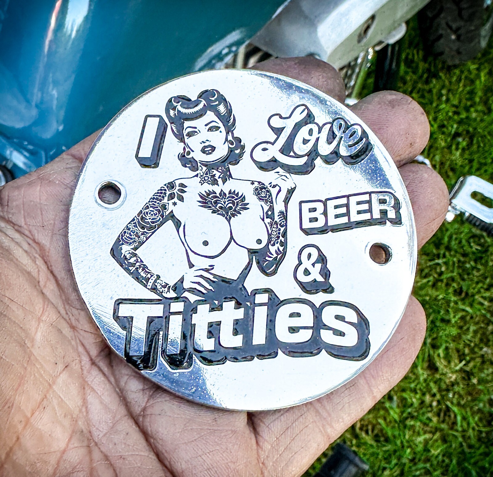 I Love Beer & Titties Engraved Evo Shovelhead 2Hole Timing Cover Harley Davidson
