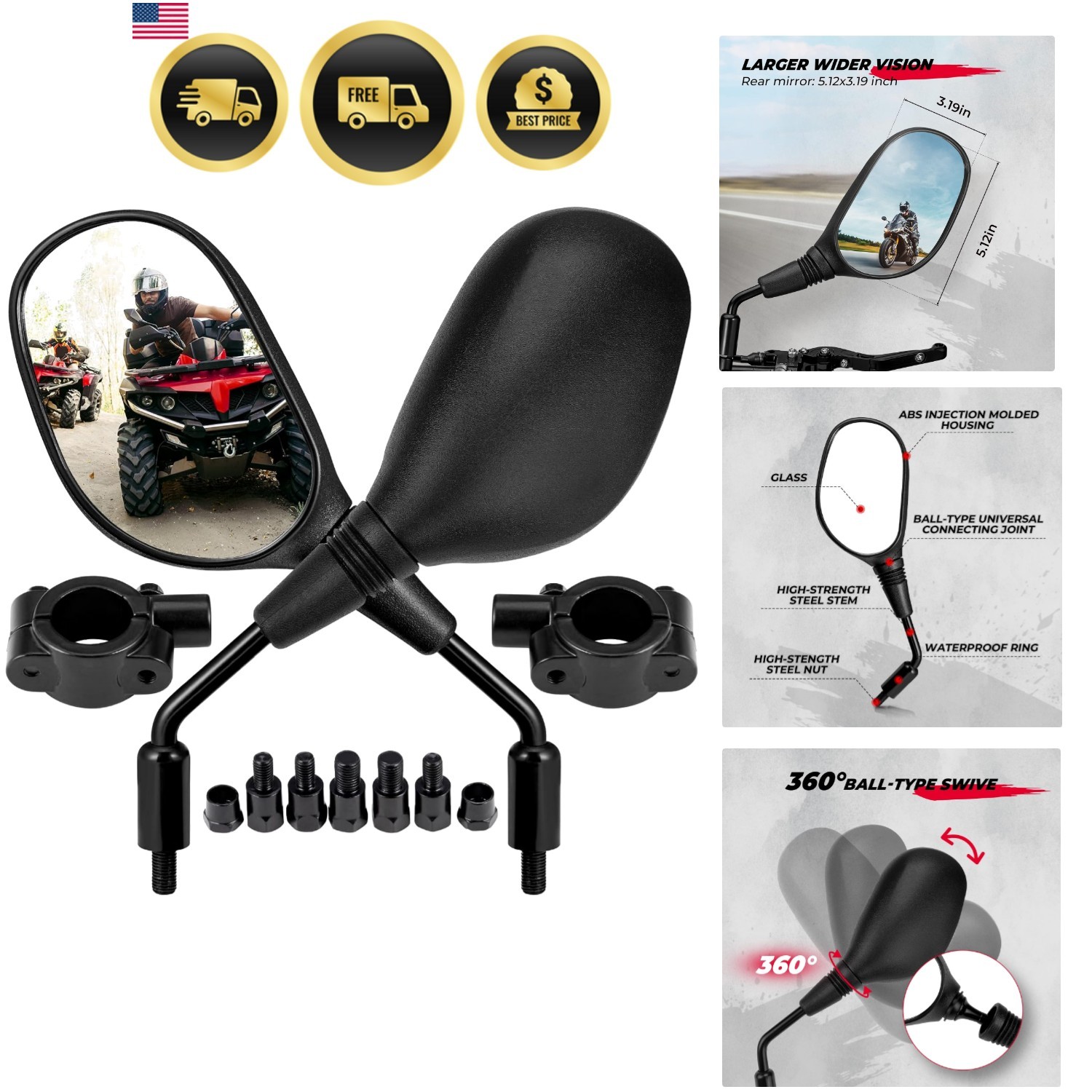 ATV Mirrors, 8MM 10MM Motorcycle Mirrors for Handlebar ATV Accessories Compat…