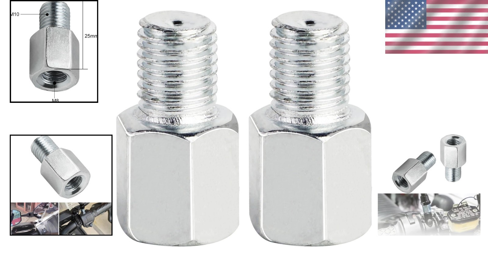 Easy-Install M10 to M8 Motorcycle Mirror Adapters – Enhanced Stability Pack of 2