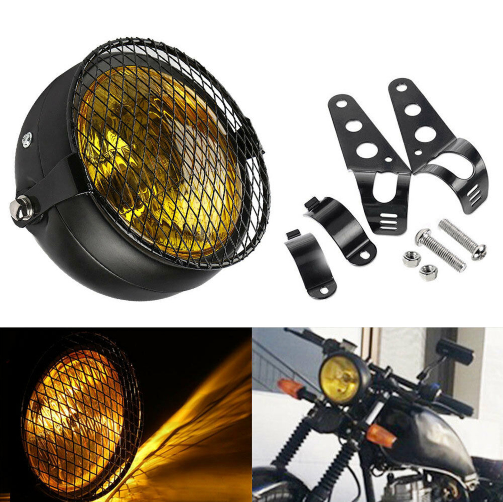 US 6.5″ Retro Motorcycle Headlight Grill Side Mount Cover W/ Bracket Cafe Race