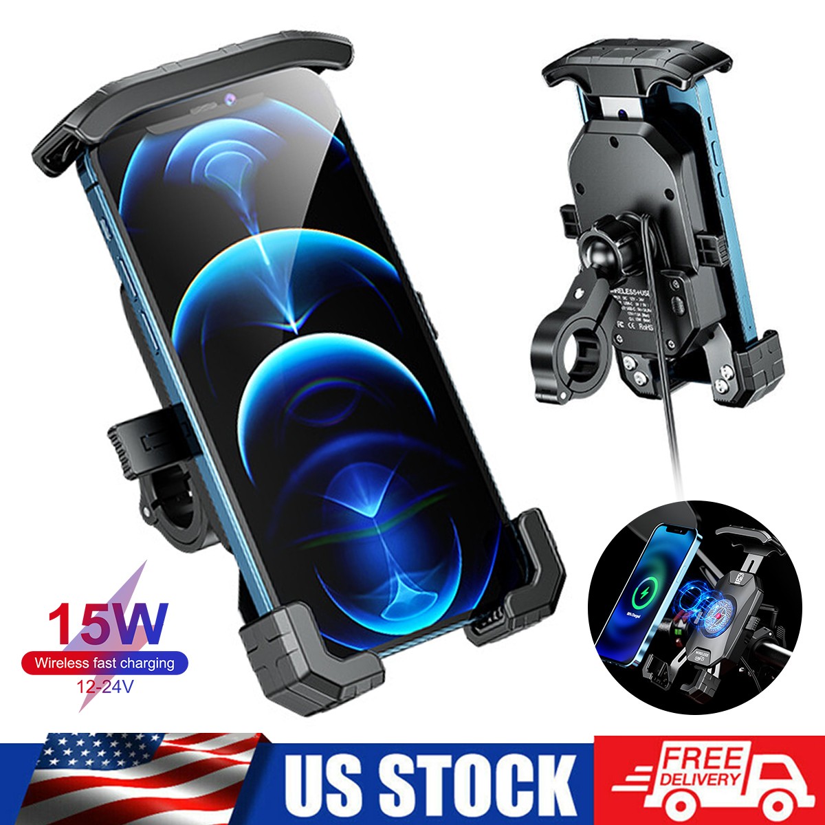 Bike Motorcycle Cell Phone Mount Holder Wireless USB Charger 15W Fast Charging