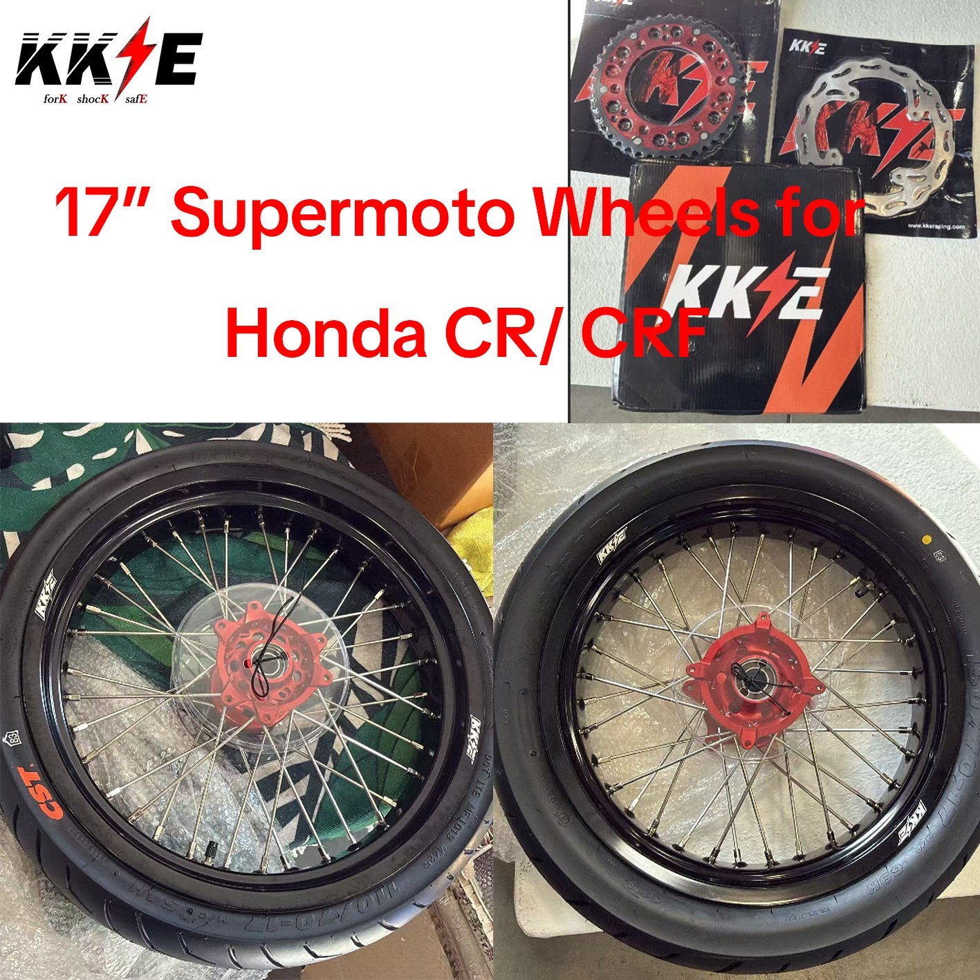 KKE 17″ Supermoto Wheels Tires for Honda CRF250R 04-13 CRF450R 02-12 Motard Red
