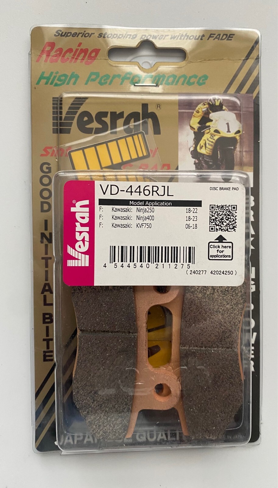 VESRAH VD-446RJL RJL RACING BRAKE PADS KAWASAKI EX400/500 NINJA 18-26 FRONT 1 PR