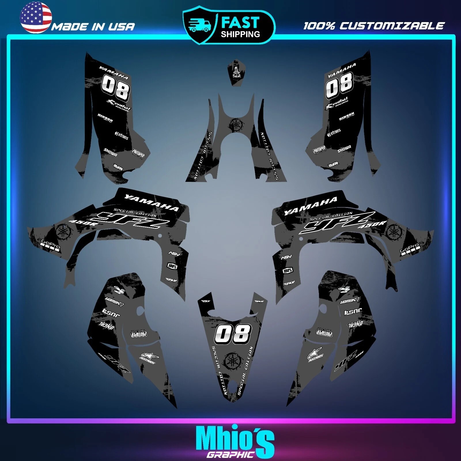 Yamaha YFZ 450R 450X Graphics kit 2014 2016 2018 to 2025 decals stickers ATV UTV