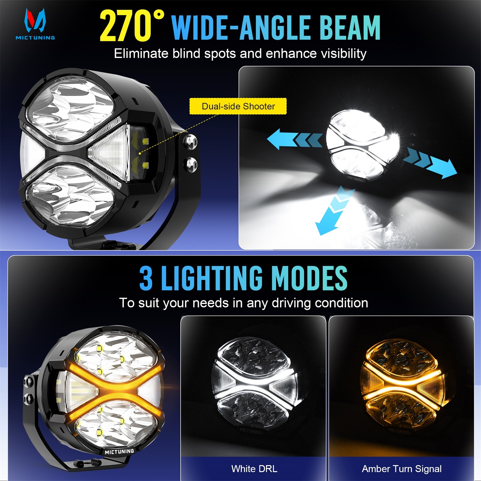 MICTUNING 2x 4″ 160W LED Light Pods White DRL Amber Turn Signal Driving Fog Lamp