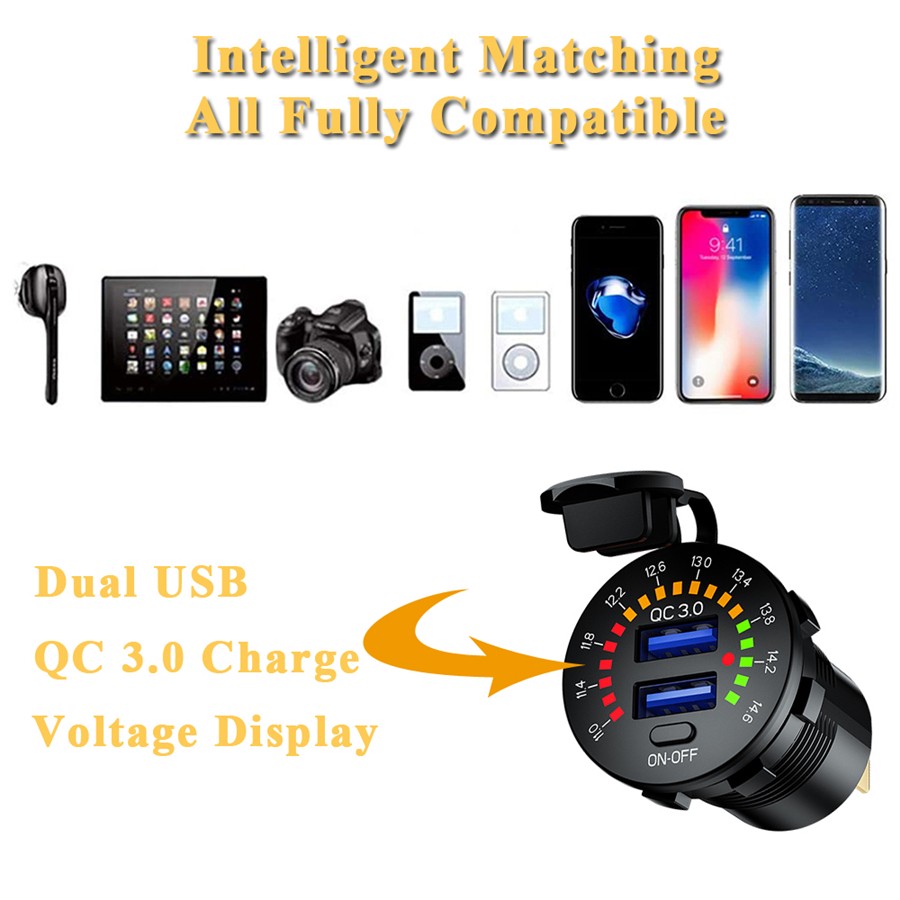 12V/24V Motorcycle Phone Charger Socket USB Ports Fast Charging W/LED Voltmeter