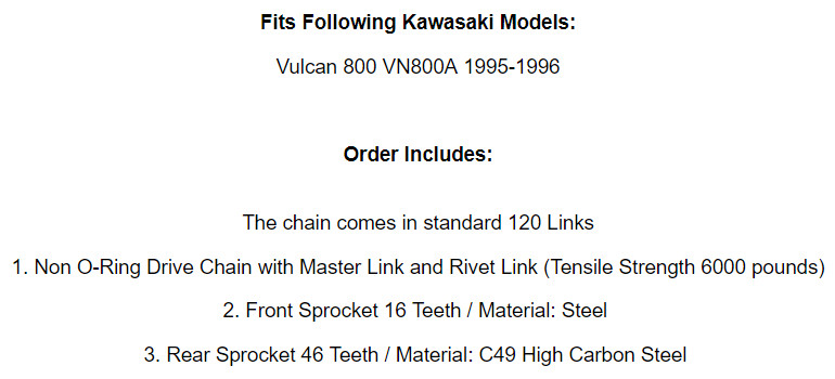 Black Drive Chain And Sprocket Kit for Kawasaki Vulcan 800 VN800A 1995 1996