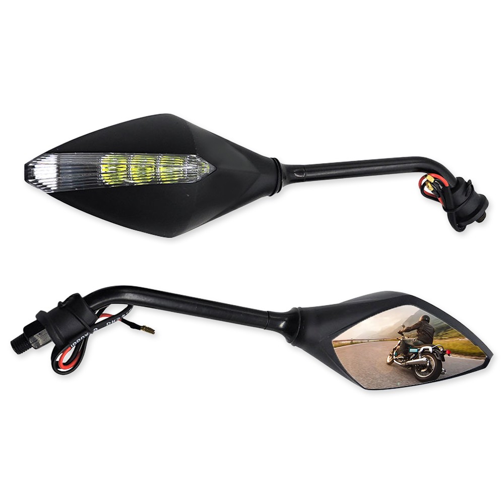 Black Motorcycle Rear View Mirrors LED Turn Signal Replacement Side Mirror 10mm