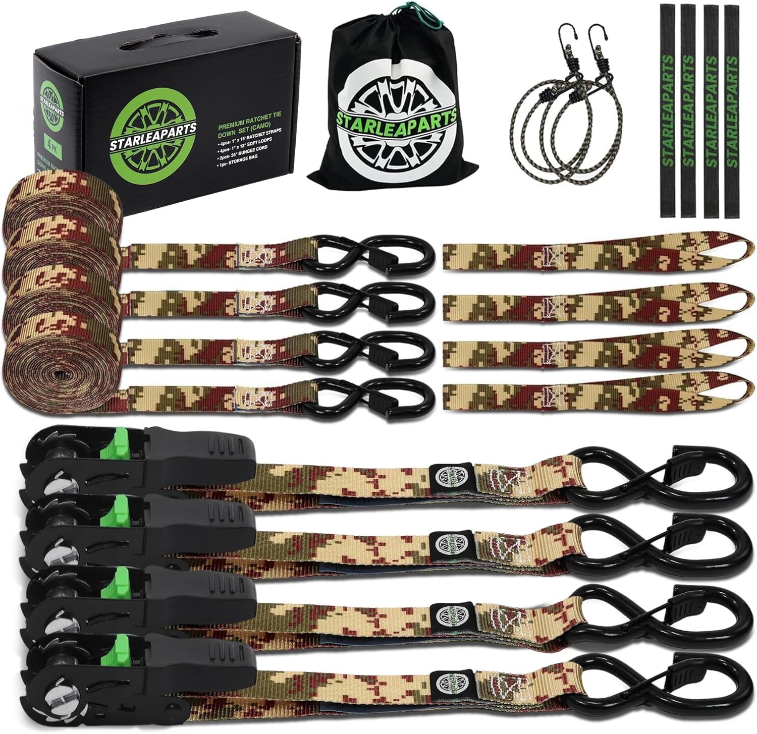 Motorcycle Tie Down Strap Set (4PK) – 2, 100lb Break Strength Ratchet Straps 2 B