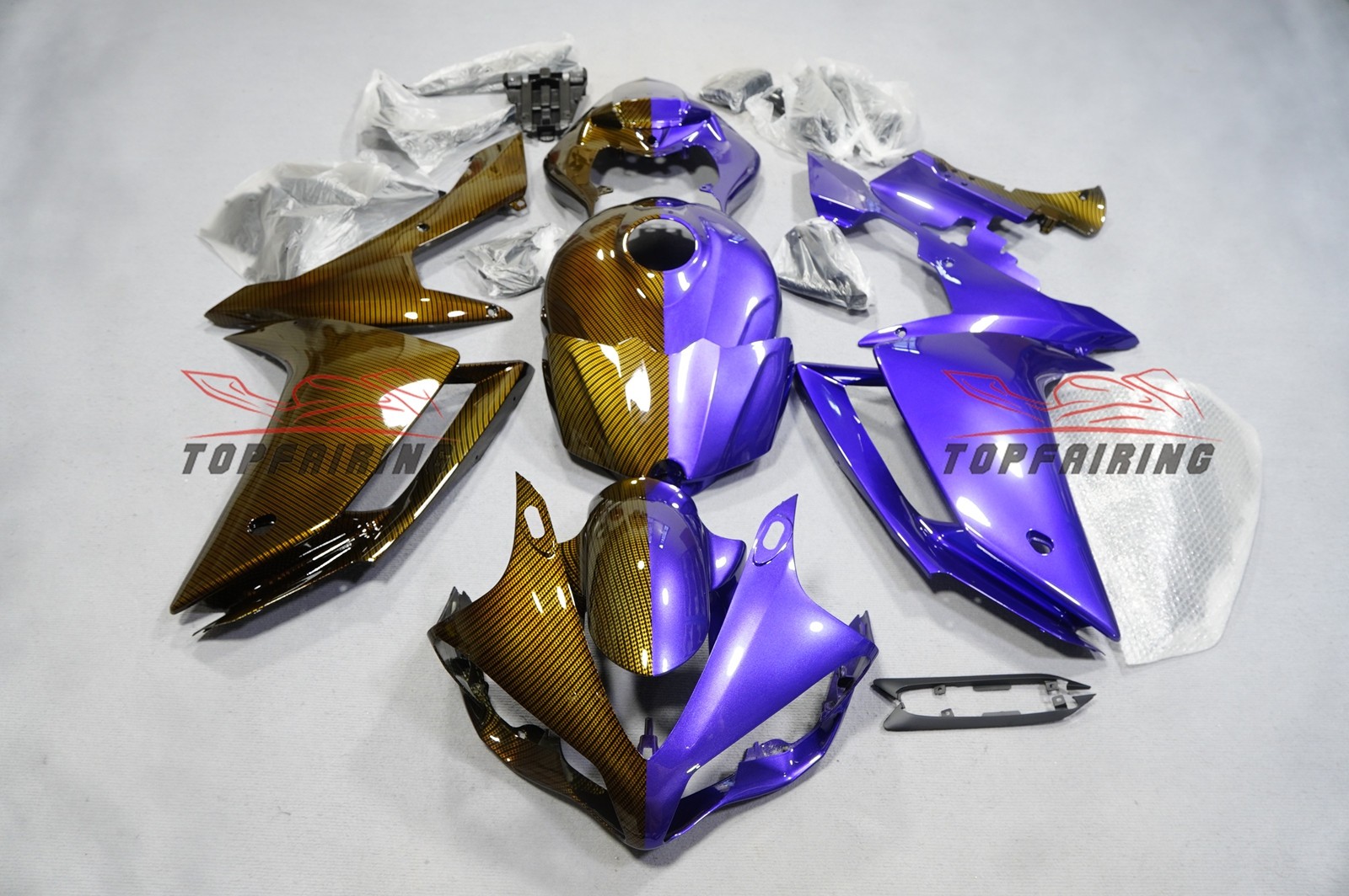Glossy Gold Carbon Fiber & Purple Split Fairing Kit for Yamaha YZF R1 2007 2008