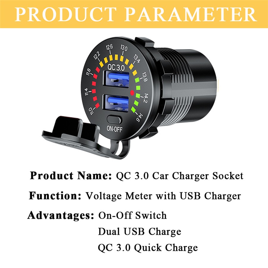 12V/24V Motorcycle Phone Charger Socket USB Ports Fast Charging W/LED Voltmeter