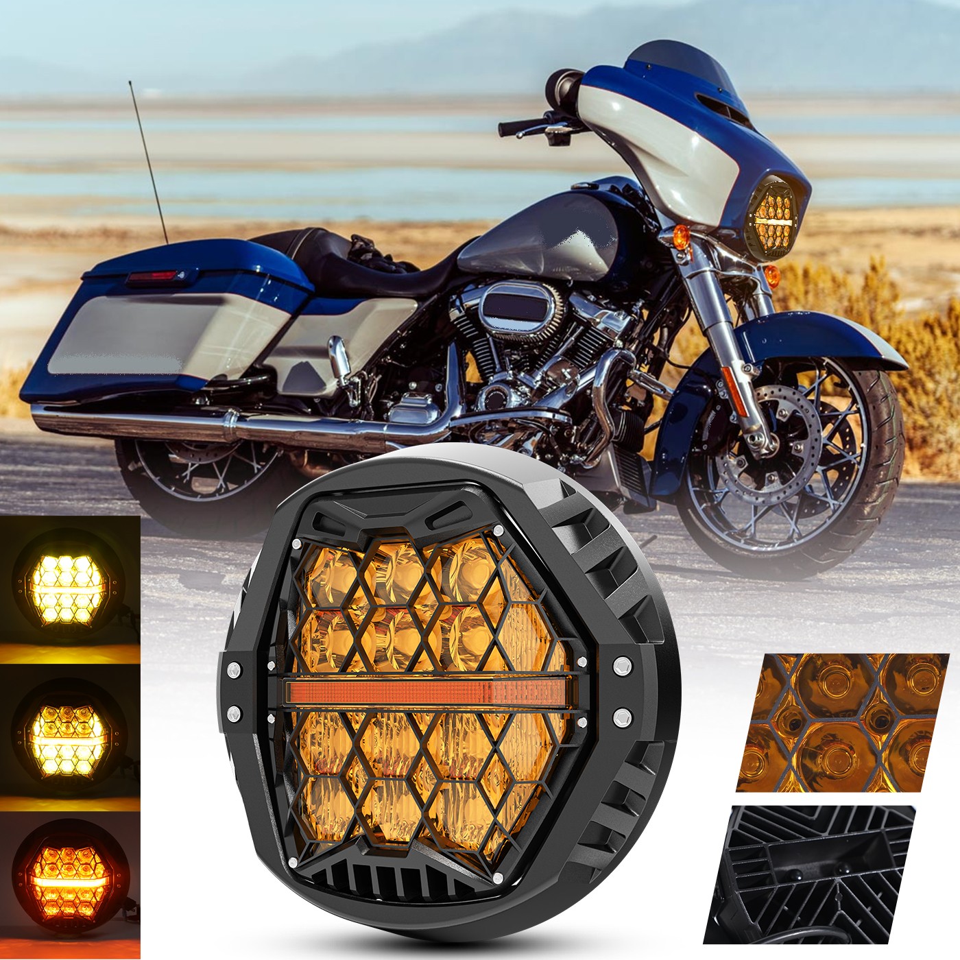 Yellow Lens for Harley Street Glide 2006-2023 7″ Round LED Headlight w/DRL Hi-Lo
