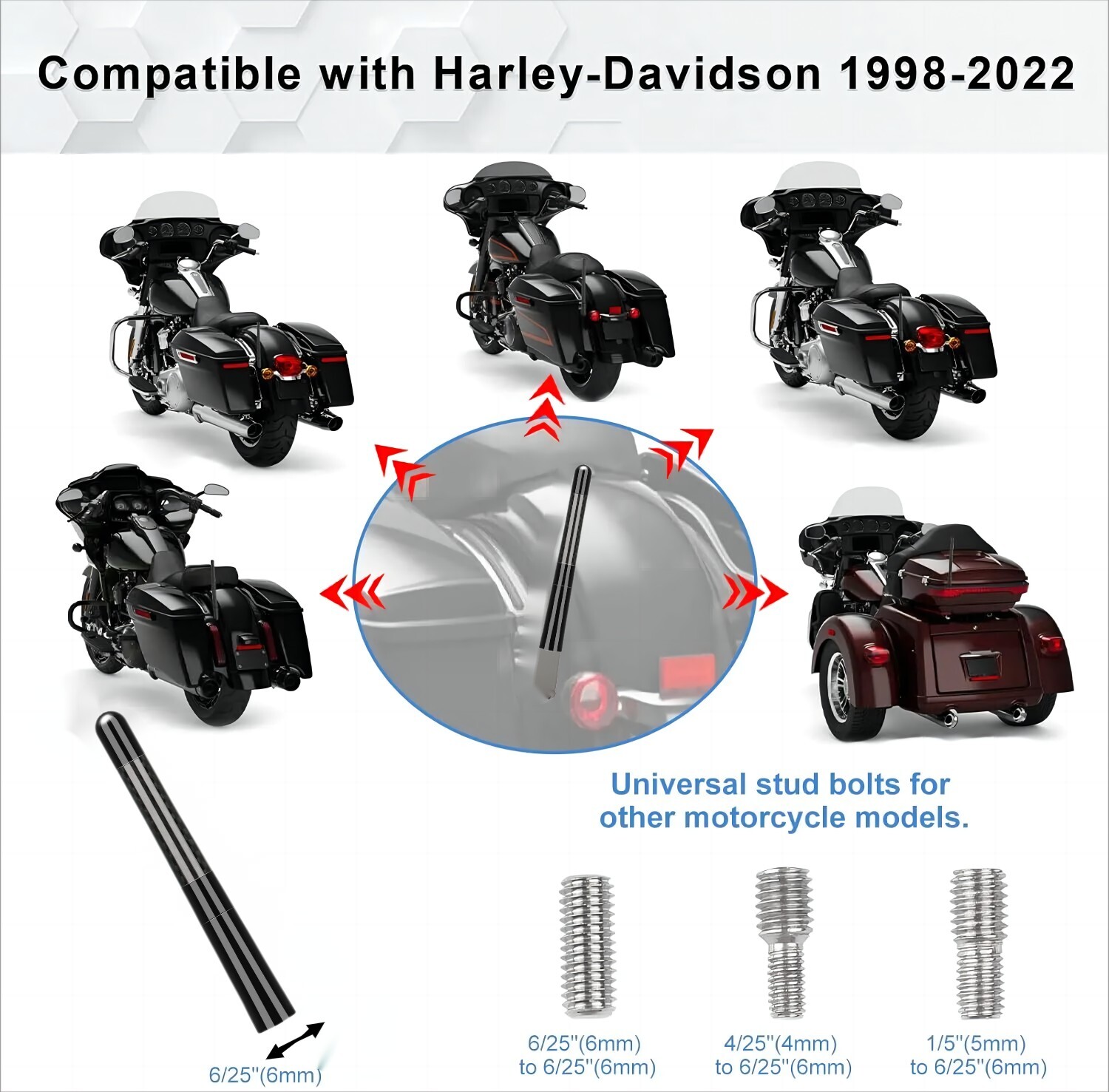 Black 4.7″ Motorcycle Short Antenna For Harley Davidson 1989-2022 Tour Glide