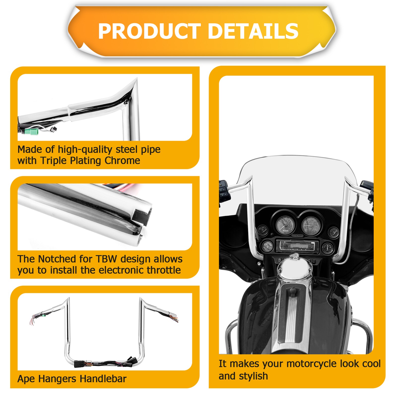 Chrome 14″ Pre-Wired Sharp Handlebar For Harley Electra Glide Street Glide 08-13