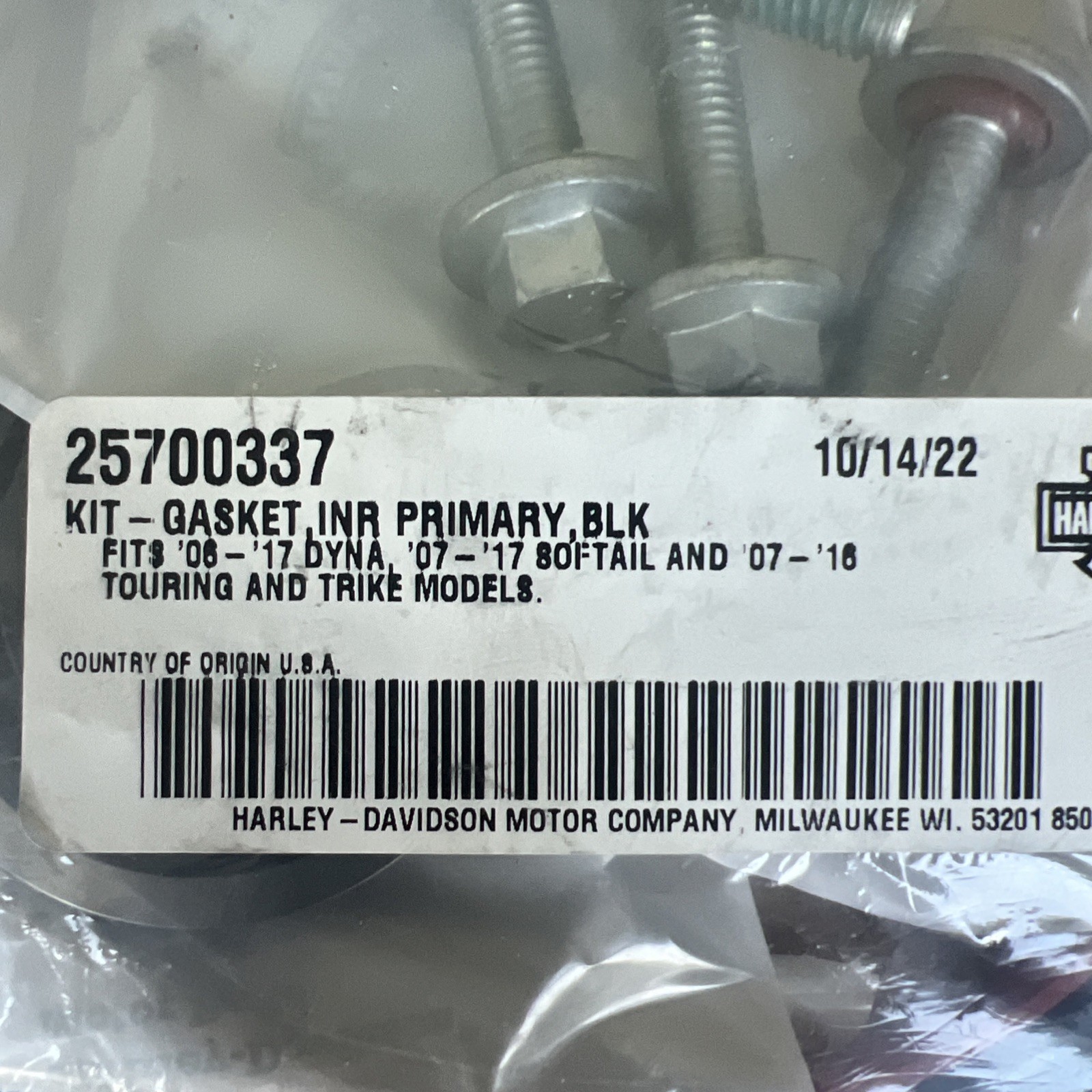 HARLEY DAVIDSON OEM INNER PRIMARY GASKET KIT FOR BLACK PRIMARY COVER 25700337