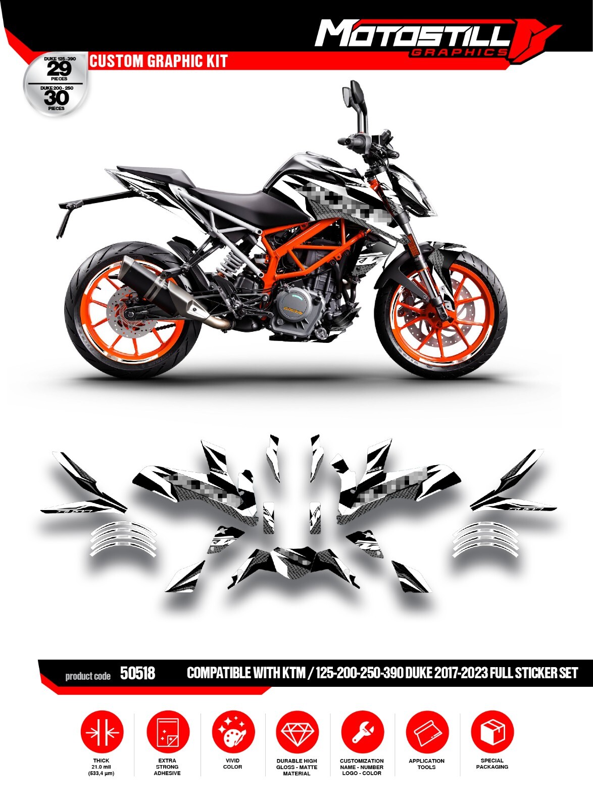 KTM DUKE 125 – 200 – 250 – 390 / 2017 – 2022 GRAPHIC STICKER SET – DECAL KIT