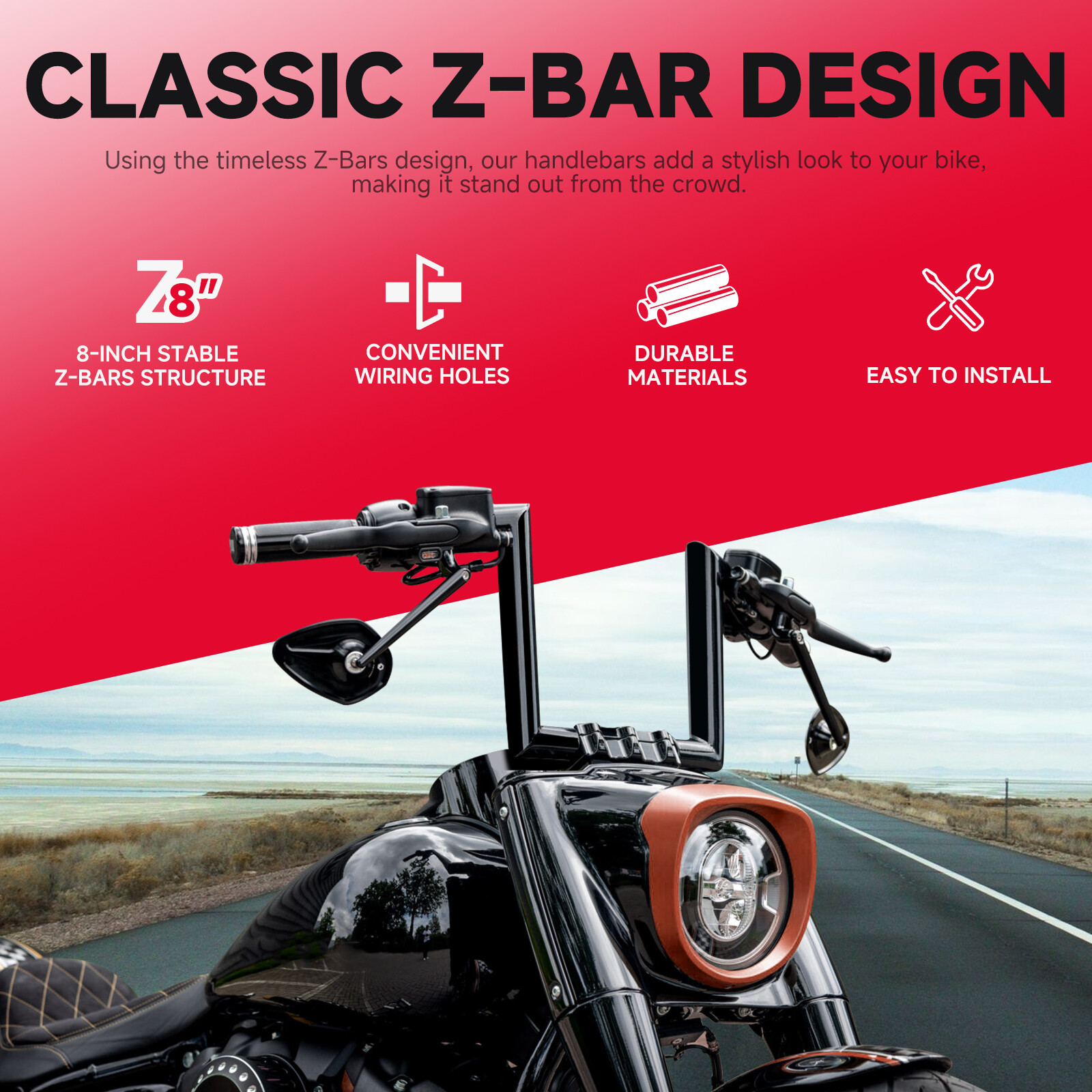 8″ Rise Z-Bar 1″ Motorcycle Handlebars For Harley Davidson Sportster Iron 883