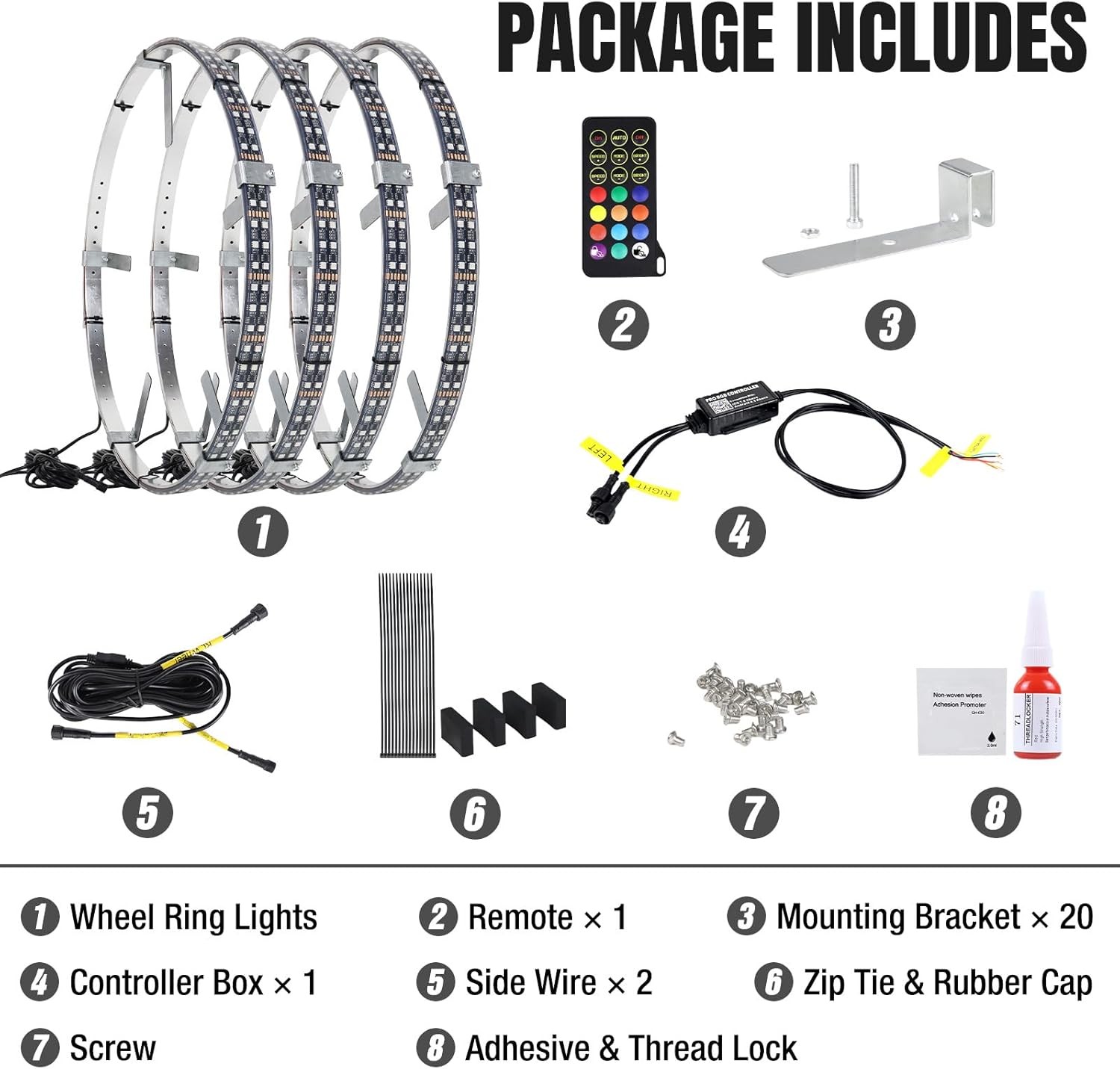 Adjustable 14-18inch 2-Rows Wheel Ring Lights, RGBW black