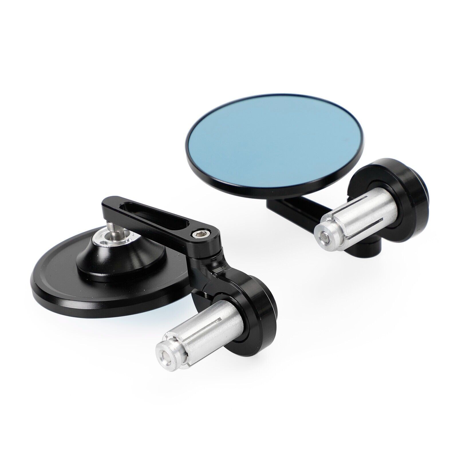3″ CNC Round Handlebar End Mirror, Shrot Arm, Black, 7/8″-1″ BAR, Blue Glass V1