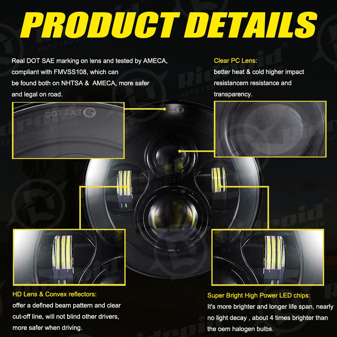 Black 7″ inch LED Projector Headlight+Fog Passing Lights Fit for Harley Touring