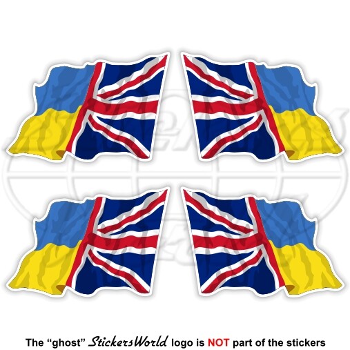 UKRAINE-UK Flying Flag Ukrainian-United Kingdom Union Jack 50mm Stickers x4