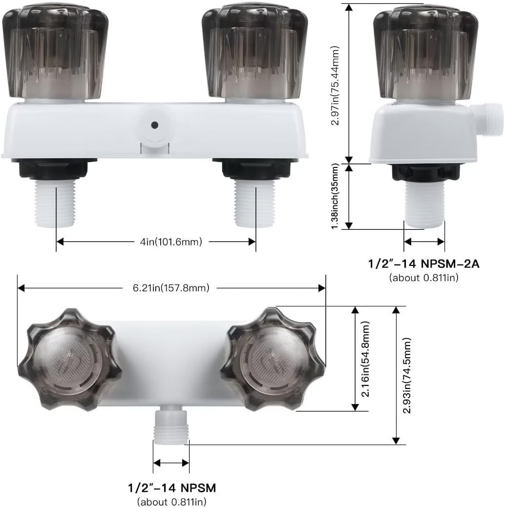 RV Shower Faucet Valve Diverter Dual Smoked Acrylic Knobs Outside and Inside Bat