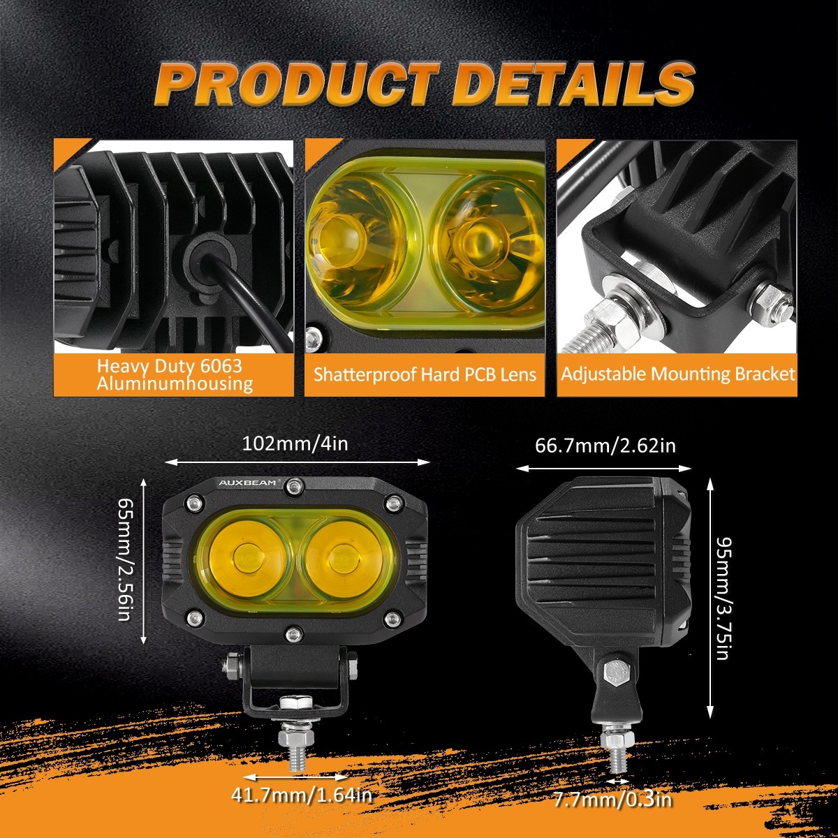 Auxbeam 4″ INCH Amber LED Work Light Offroad Flood Pods For Harley Motorcycle