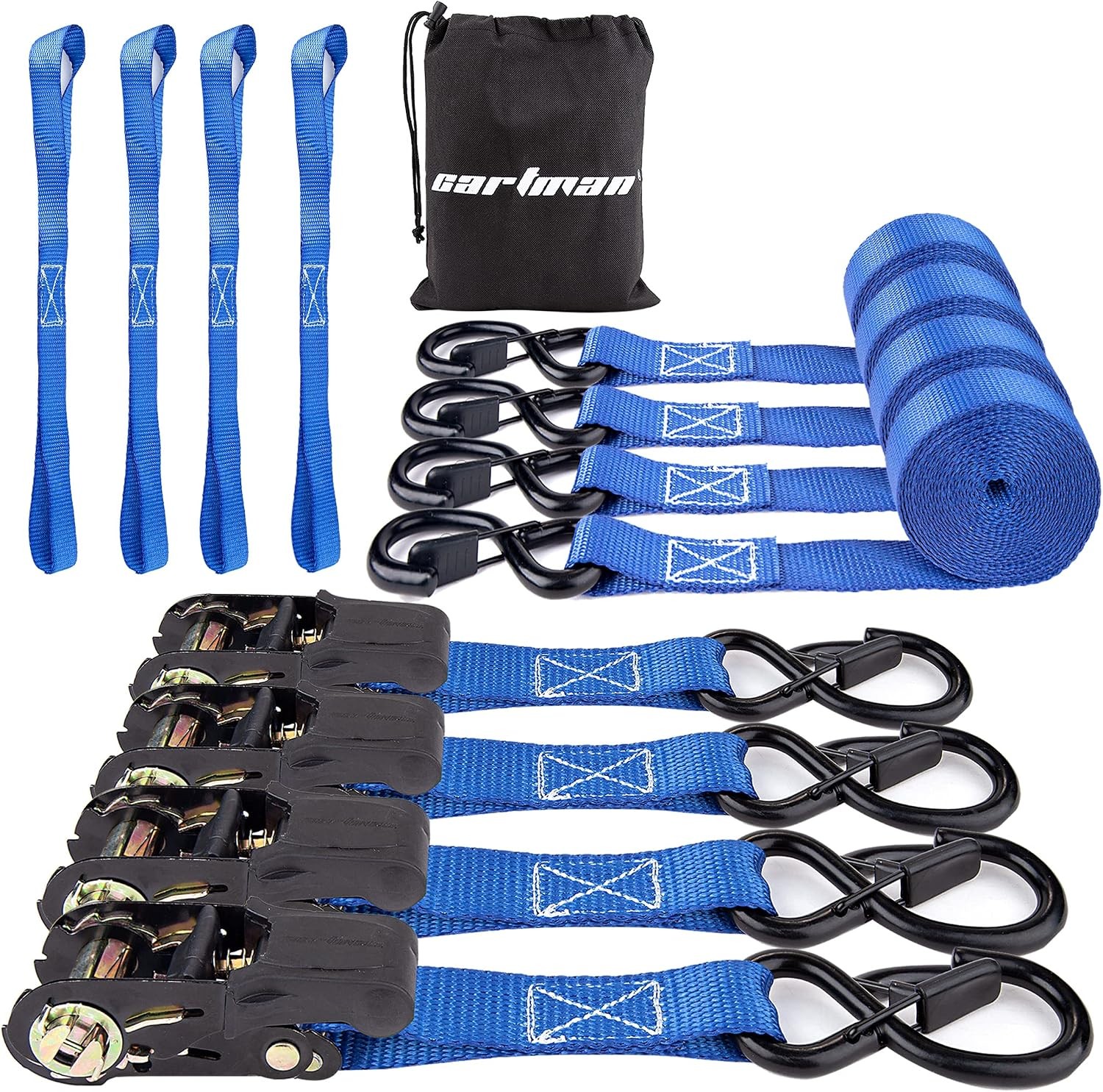 Ratchet Straps, 15 ft x 1 in, 2000 lb, 4-Pack, Blue Rubber-Coated S-Hooks, Padde