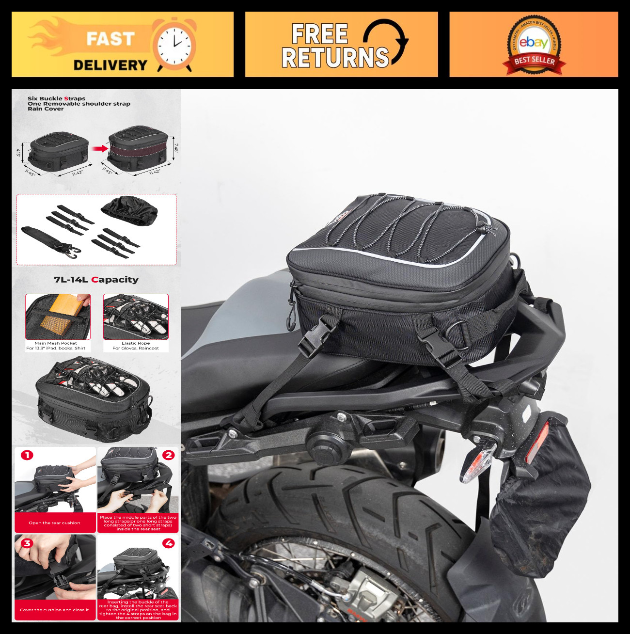 Expandable Motorcycle Tail Bag with Waterproof Cover, 7-14L Luggage Storage Back
