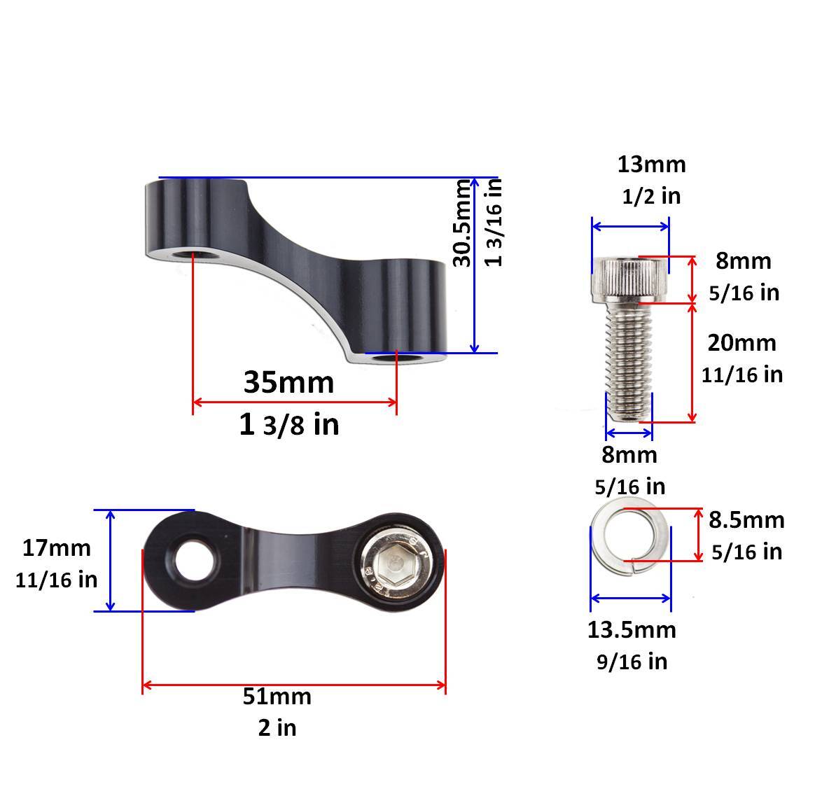 Right Hand Threaded Black Universal 8mm Mount 2x Mirror Riser Set Lift