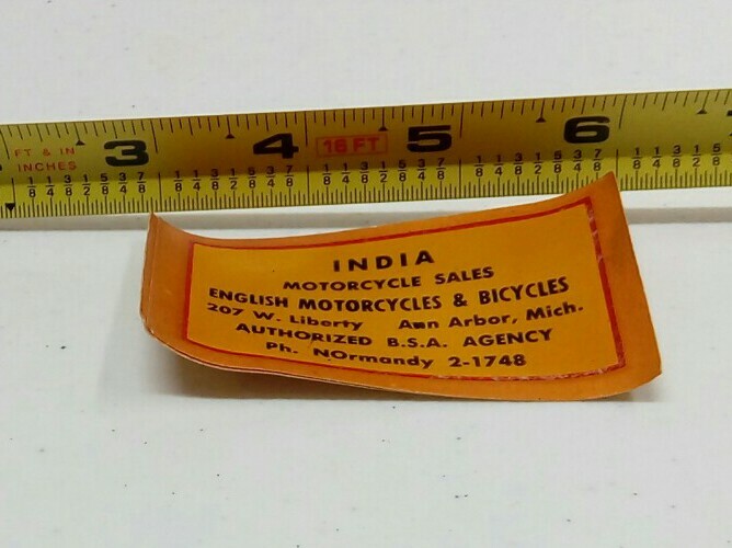 INDIA MOTORCYCLE SALES ANN ARBOR ENGLISH BICYCLES INDIAN DECAL ORIGINAL BSA 1950