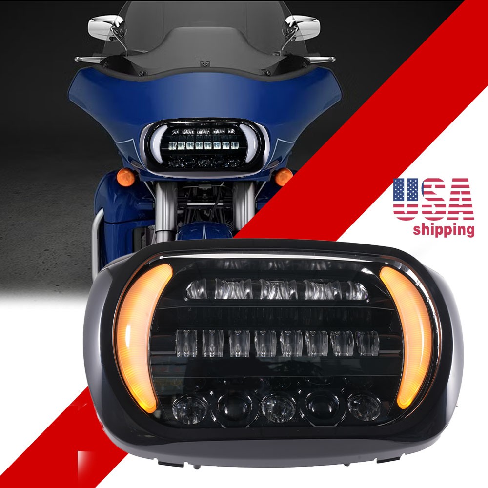 For Harley Road Glide 1998-2013 Dual LED Headlights Hi/Lo DRL Turn Signal Lights