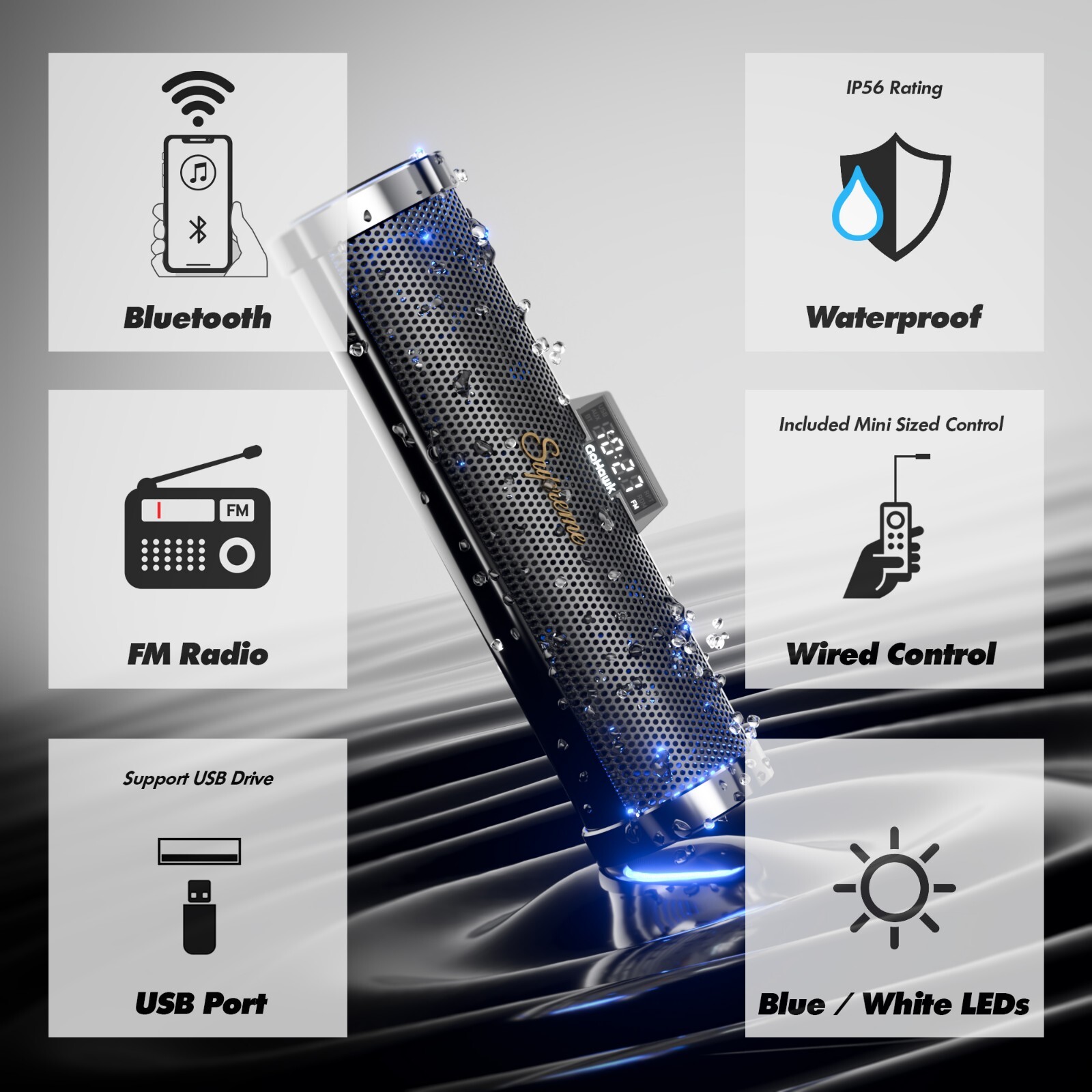 Waterproof Bluetooth Motorcycle Stereo Speaker Soundbar Audio MP3 System Chrome