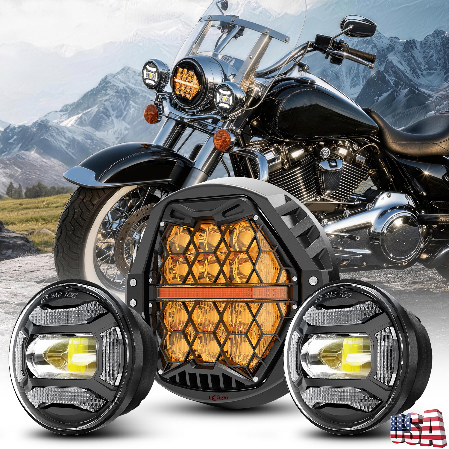 For Harley Touring Road King Kit 7″ Yellow Len Headlights + 4.5″ Passing Lights
