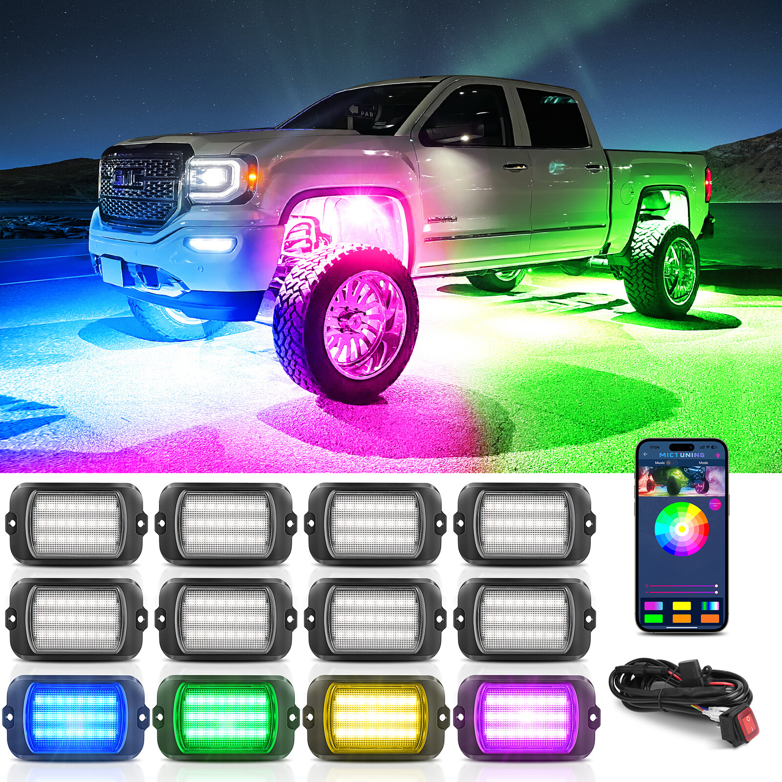 MICTUNING 1000% Bright Q1 MAX RGB+IC Chasing LED Rock Lights, 12 Pods Neon Lamp