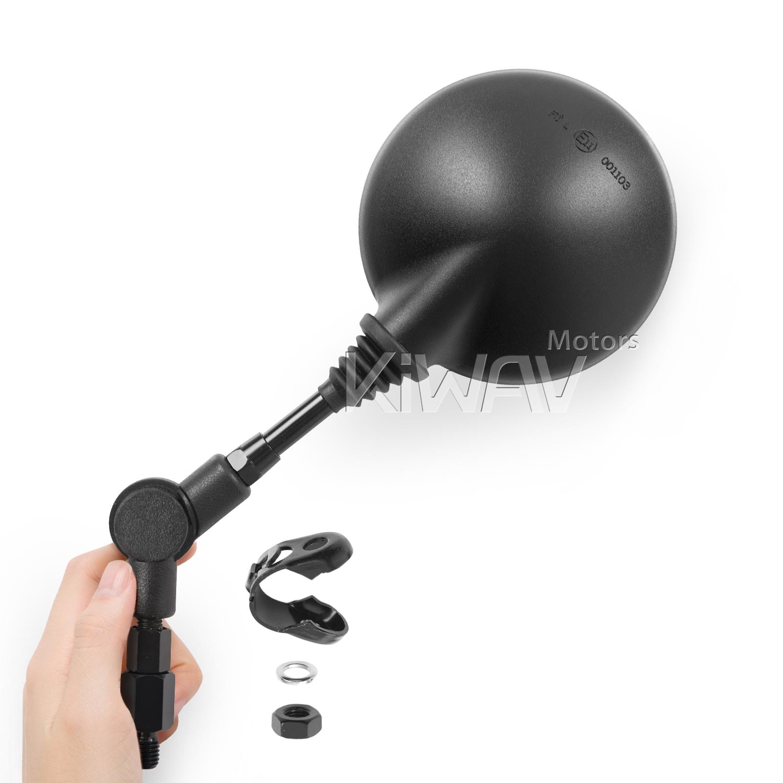 Round black folding mirror x 1 8mm standard bolt clip on 22mm bar with riser