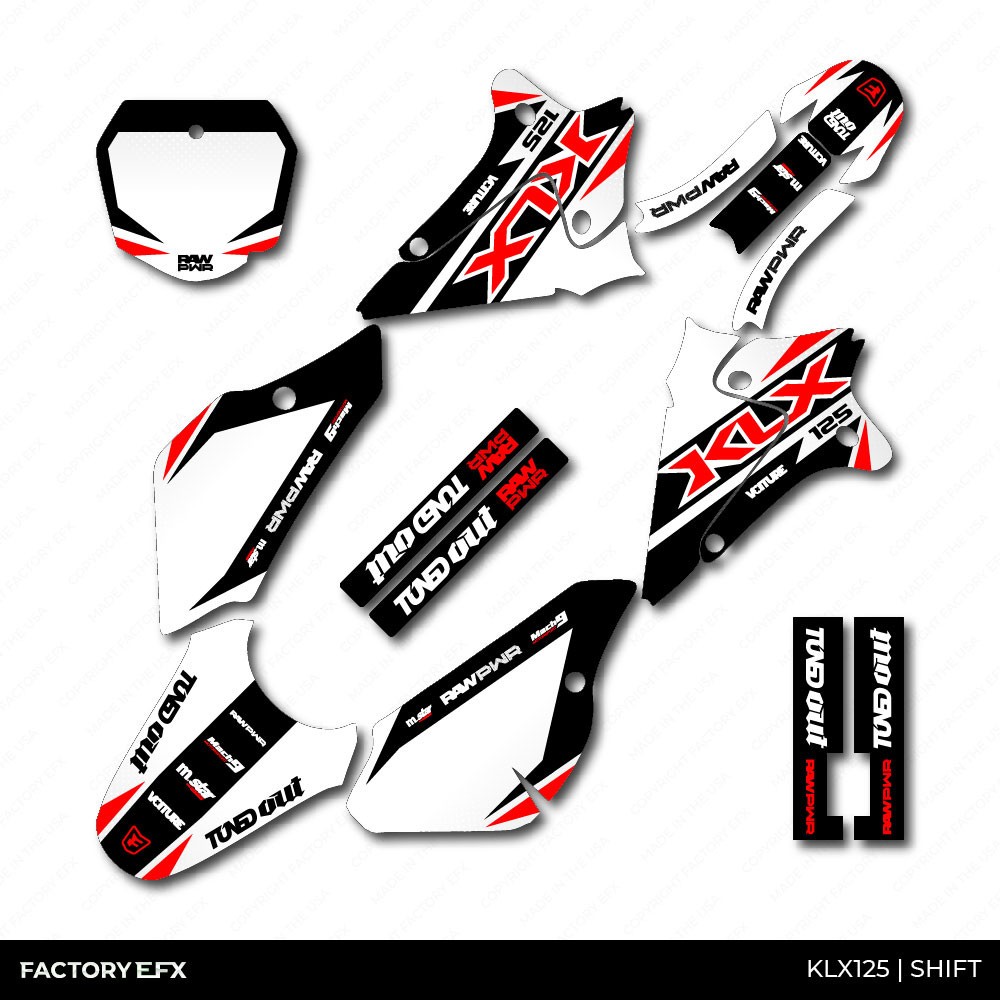 White & Red Shift Racing Graphics kit fits 03-07 Kawasaki KLX125 KLX 125 decal