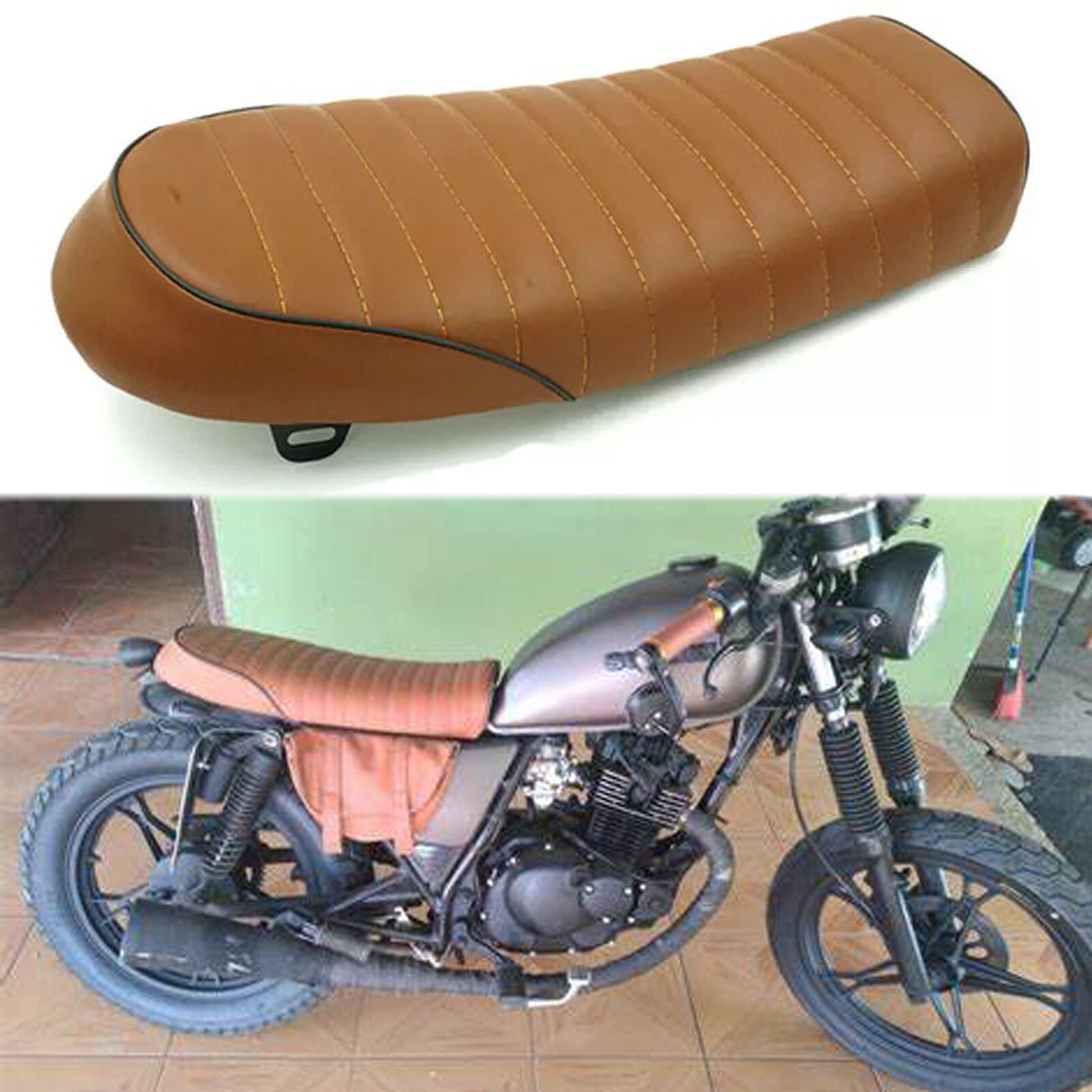 Motorcycle Cafe Racer Seat Flat Brat & Hump Saddle Brown For Honda Suzuki Yamaha