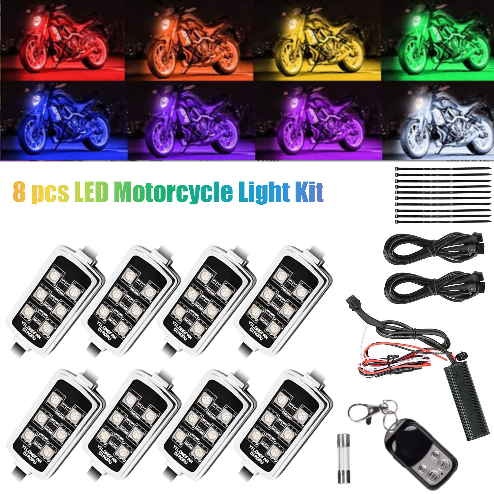 8 Pods RGB LED Rock Lights for Motorcycle Underglow Light Kit w/ Remote Control