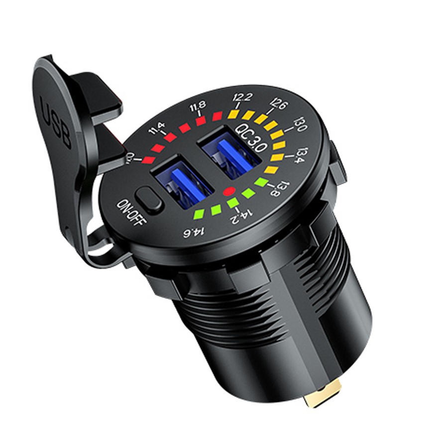 12V/24V Motorcycle Phone Charger Socket USB Ports Fast Charging W/LED Voltmeter