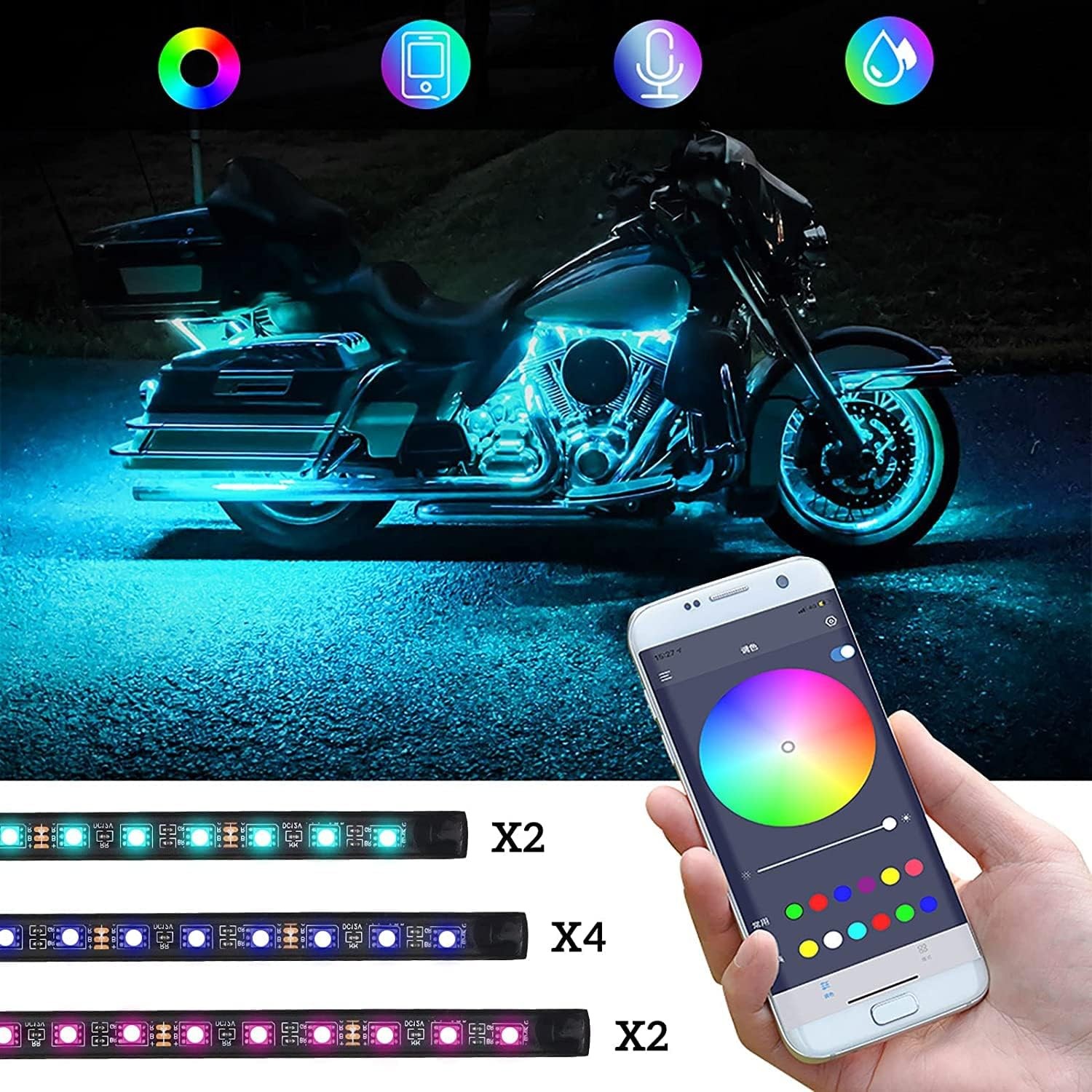 8PCS Motorcycle Underglow LED Light Kit, App Control Multicolor Motorcycle LED L