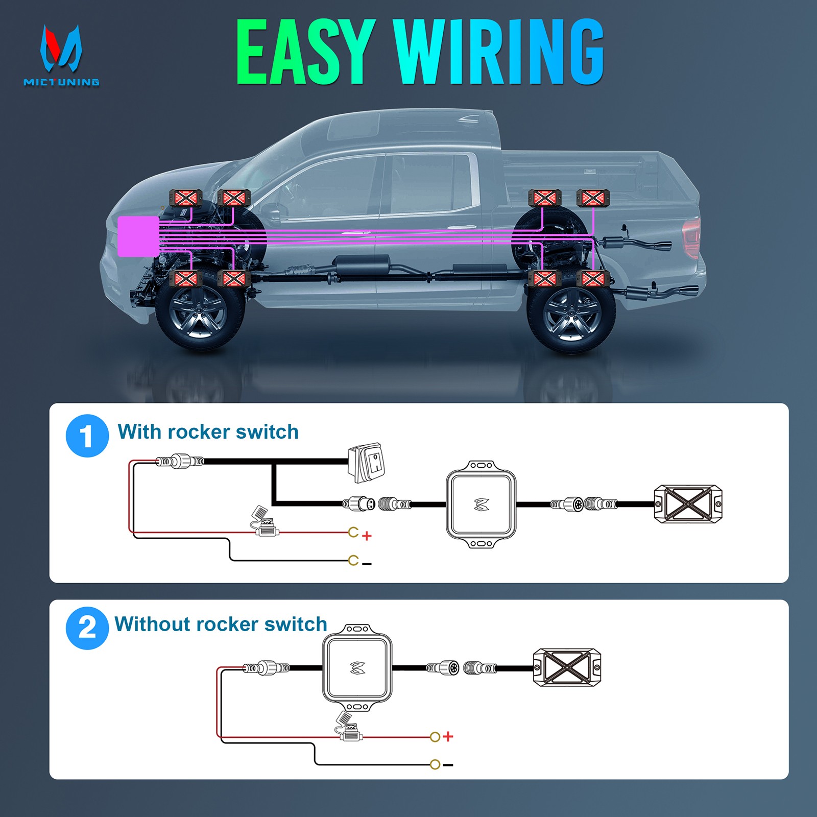 MICTUNING 8 Pods C4 RGBW LED Rock Lights – Underglow Neon Accent Lighting Kit US
