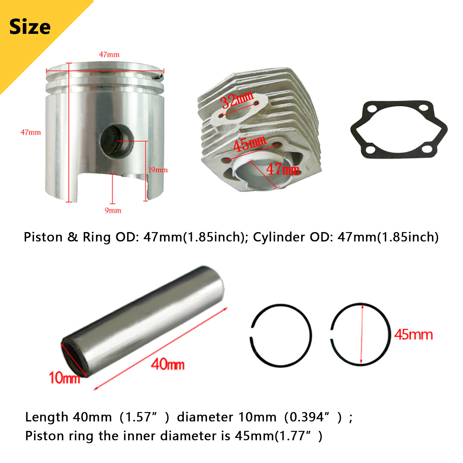 47mm Cylinder Head Piston Kit for 66/80cc 2 Stroke Motorized Bicycle Bike Motor