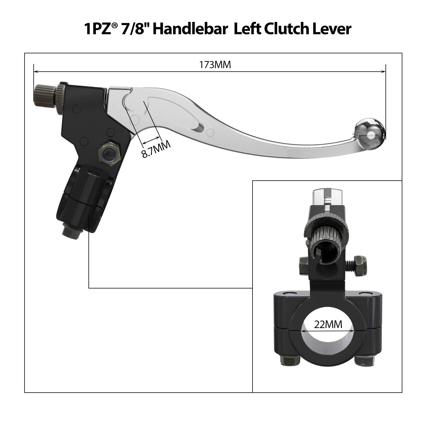 1PZ SL1-C39 7/8” Handlebar Left Clutch Lever + 39″ Cable Silver