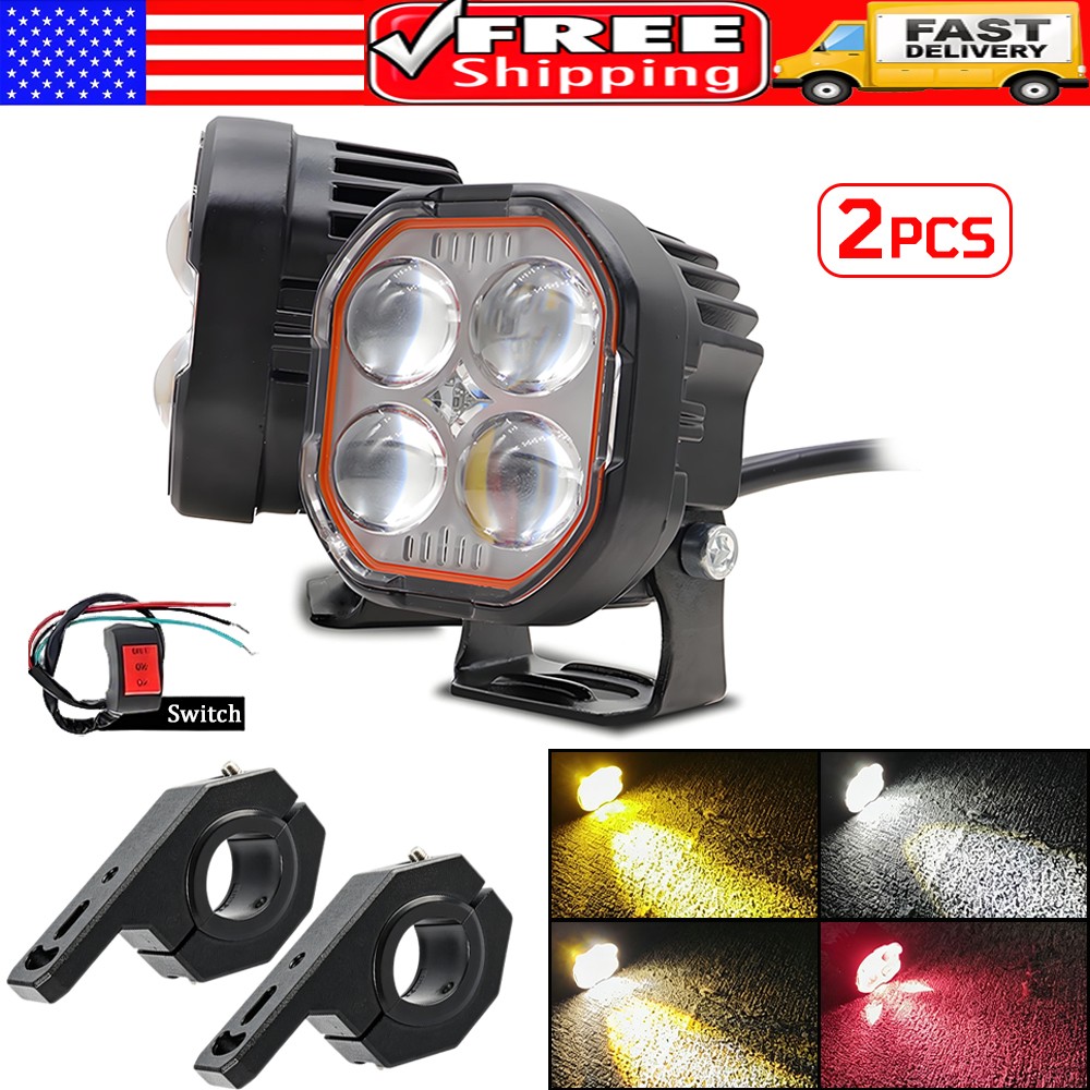 2x 80W LED Motorcycle Driving Fog Spot Light Auxiliary Lamp White+Amber+Red