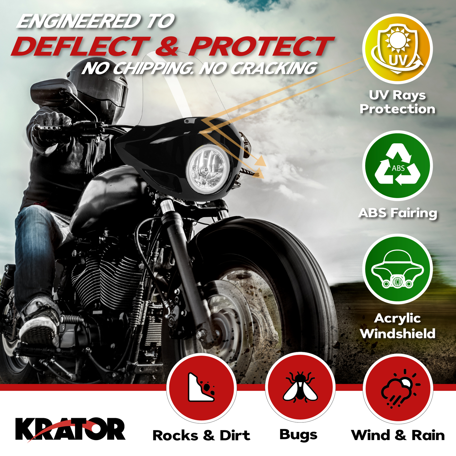Krator Motorcycle Fairing, Wind Deflector 35-49mm Fork & 5.75″ Headlight, Clear