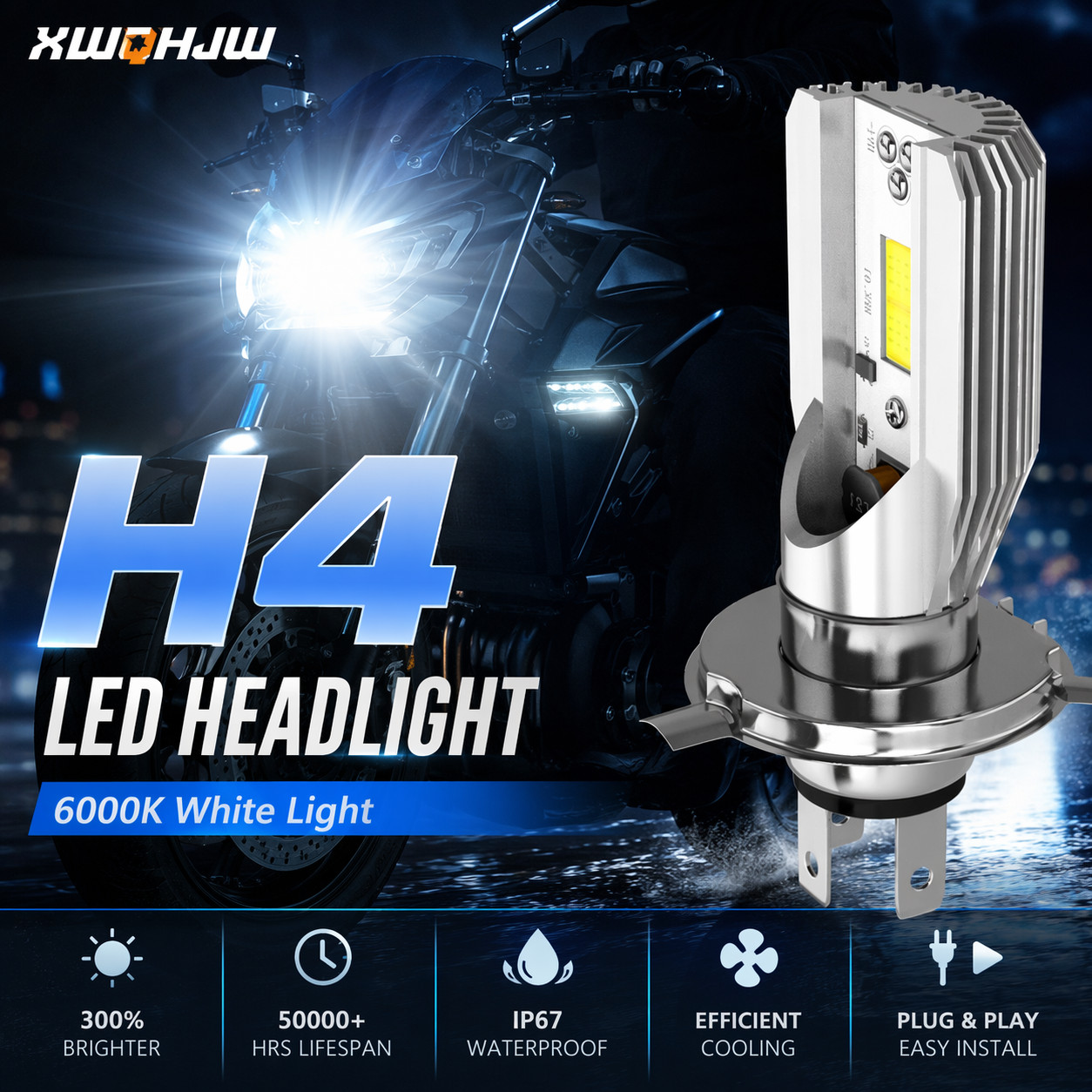 XWQHJW H4 9003 HB2 LED Bulb Hi/Lo Beam White Motorcycle Headlight High Power