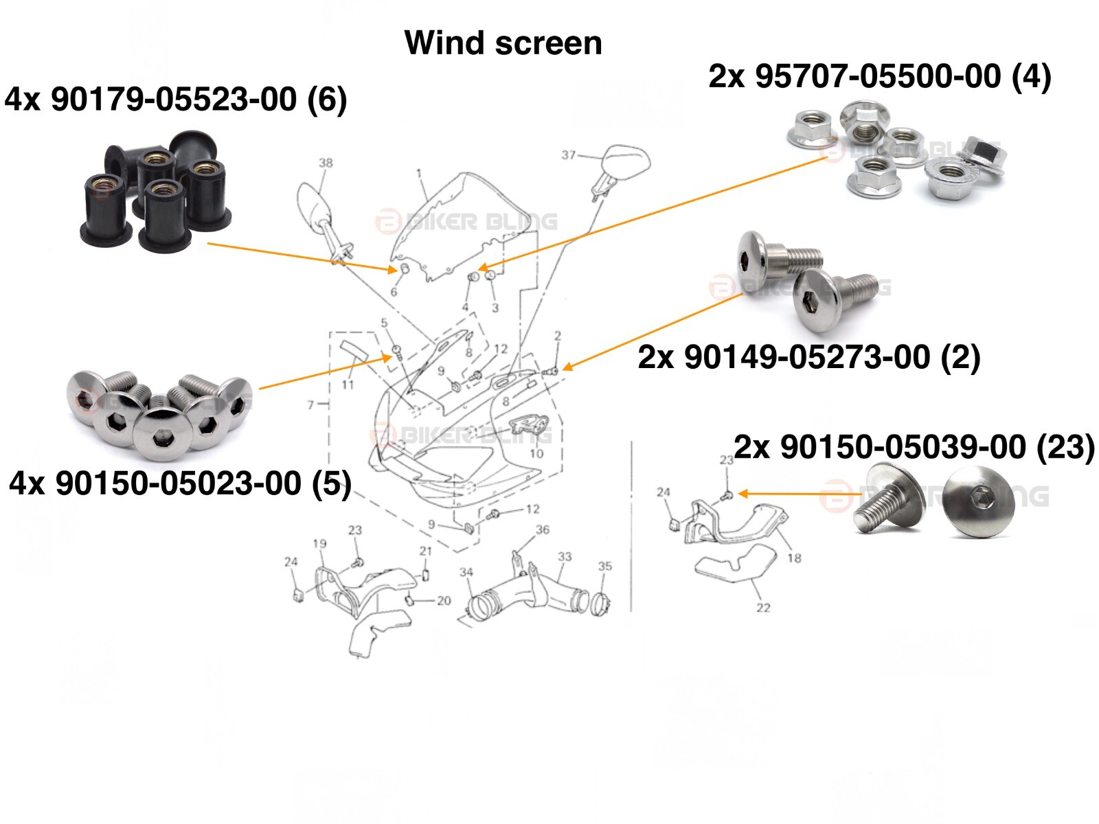 Yamaha YZF R6 1999-2002 stainless steel fairing bolts with rubber nuts & clips