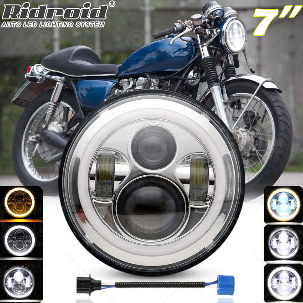 Chrome 7″ inch LED Headlight Projector with Halo DRL for Honda CB550 Cafe Racer